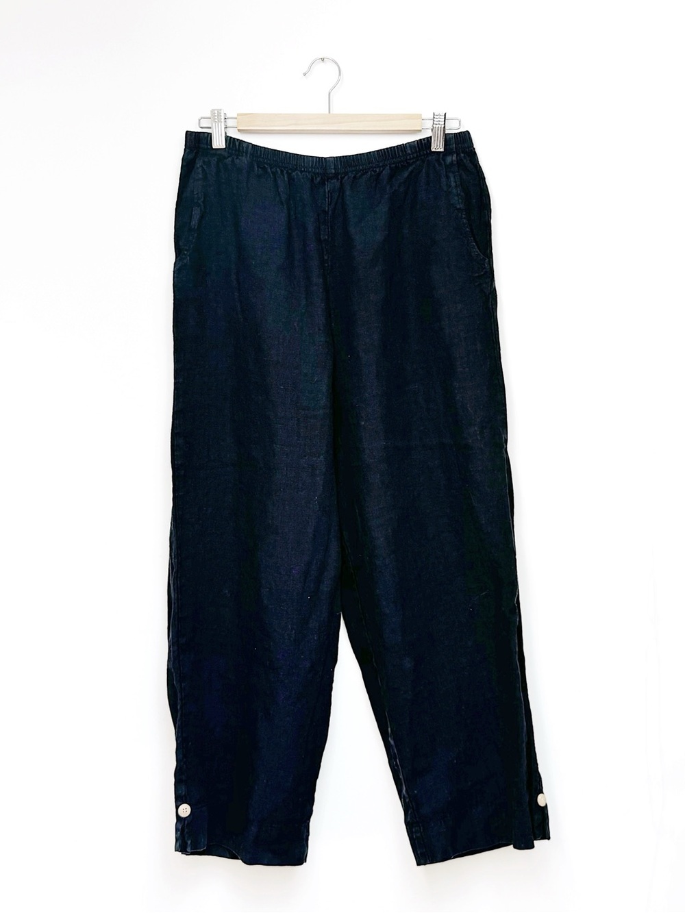 black flax linen easy pant • 90s minimalist flood • 30 inch elastic high waist